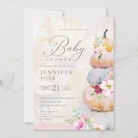 Invitation Baby shower fille Citrouille d'aquarelle de automn (Devant)