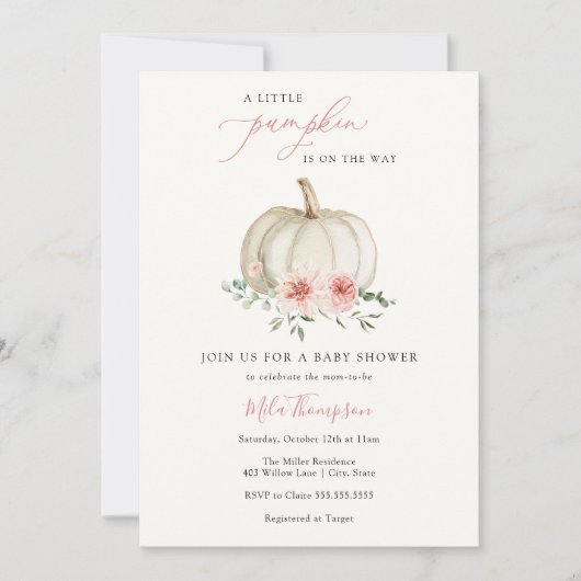 Invitation Baby shower fille Citrouille rose (Devant)