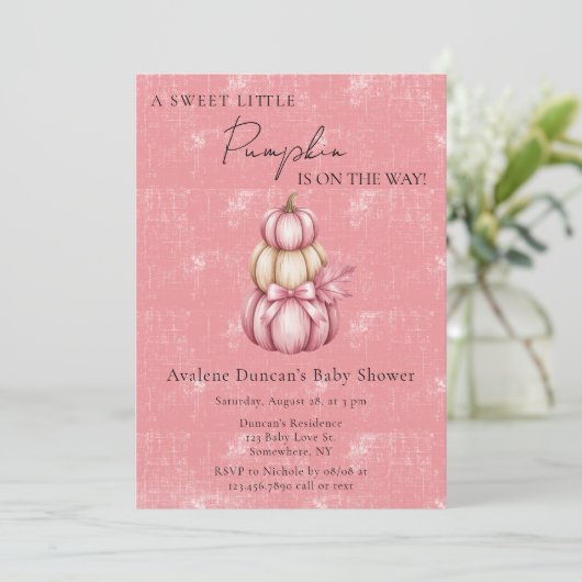 Invitation Baby shower fille Citrouille rose (Debout devant)