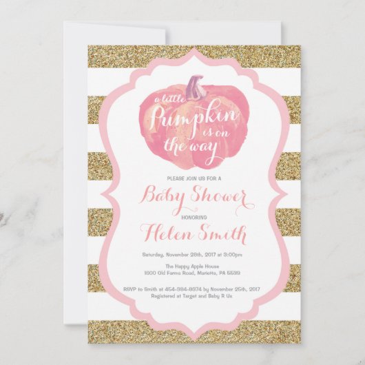 Invitation Baby shower fille Citrouille rose et or (Devant)