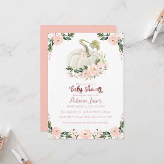 Invitation Baby shower fille Citrouille rose Rose (Devant/Arrière en situation)