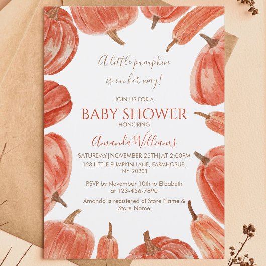 Invitation Baby shower fille Citrouille rustique aquarelle