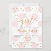 Invitation Baby shower fille Coeurs rose et or (Devant)