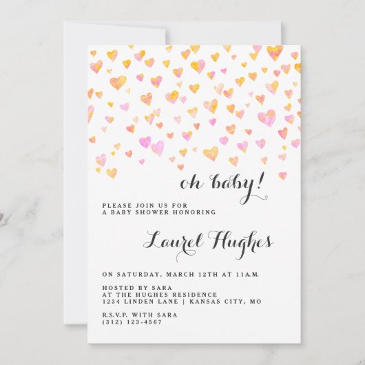 Invitation Baby shower fille Coeurs roses (Devant)