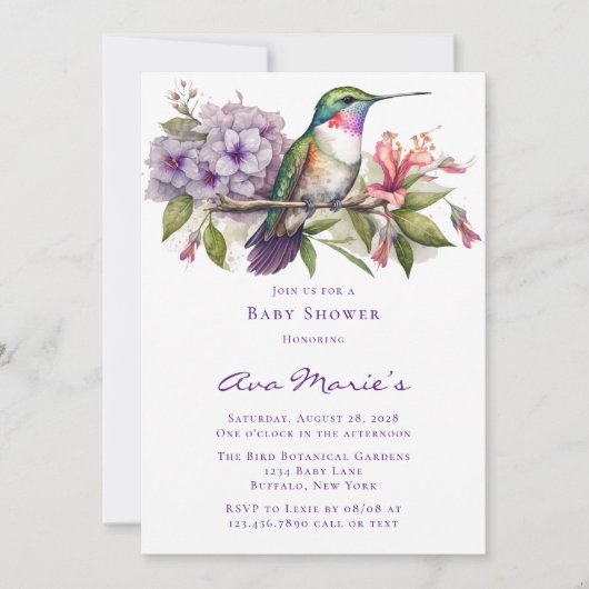 Invitation Baby shower fille colibri et fleurs (Devant)