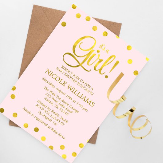 Invitation Baby shower fille Confetti Rose et Faux Gold