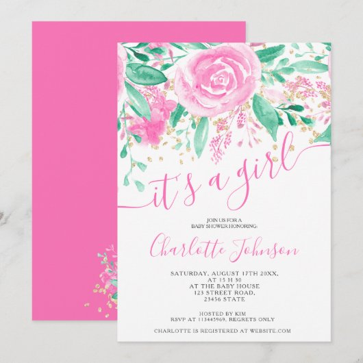 Invitation Baby shower fille couleur rose vert rose aquarelle (Devant / Derrière)