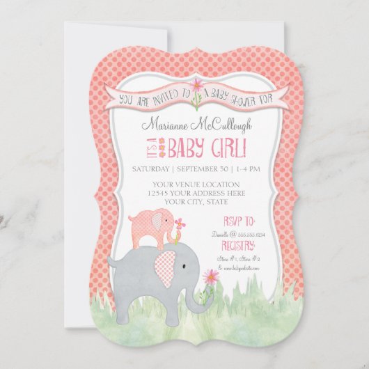 Invitation Baby shower Fille Cute  Eléphant Aquarelle (Devant)