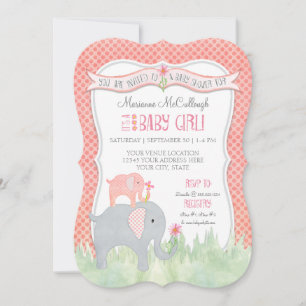 Invitation Baby shower Fille Cute  Eléphant Aquarelle