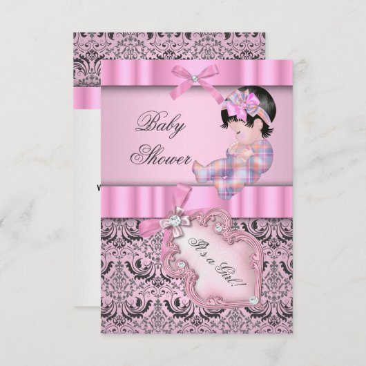 Invitation Baby shower fille Damask rose Grey (Devant / Derrière)