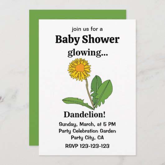 Invitation Baby shower fille Dandelion (Devant / Derrière)