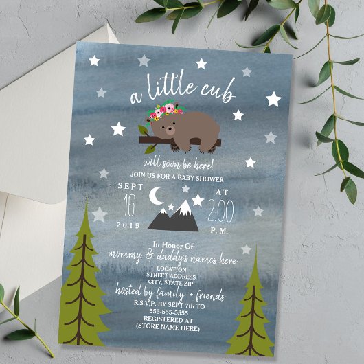 Invitation Baby shower fille d'aquarelle de l'ours dormant