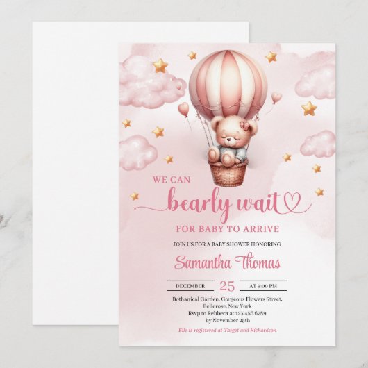 Invitation Baby shower fille d'attente rose et brun (Devant / Derrière)