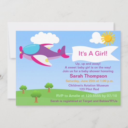 Invitation Baby shower fille d'avion mignonne (Devant)