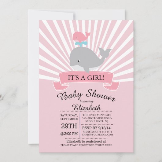 Invitation Baby shower fille de baleine marine mig (Devant)
