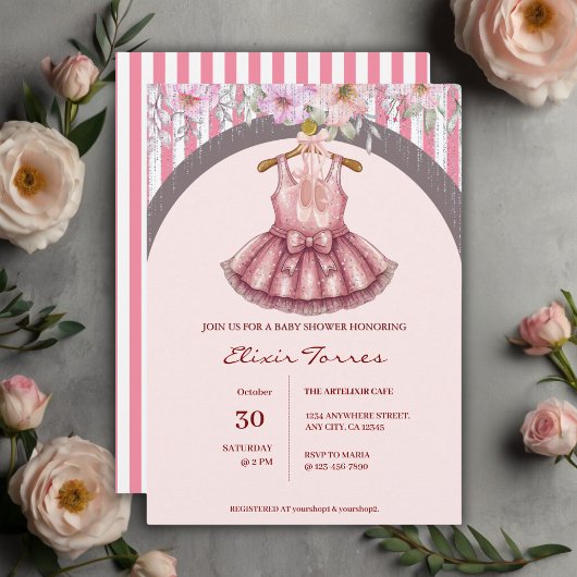 Invitation Baby shower Fille de Ballet Rose Tutu Ballerina mo