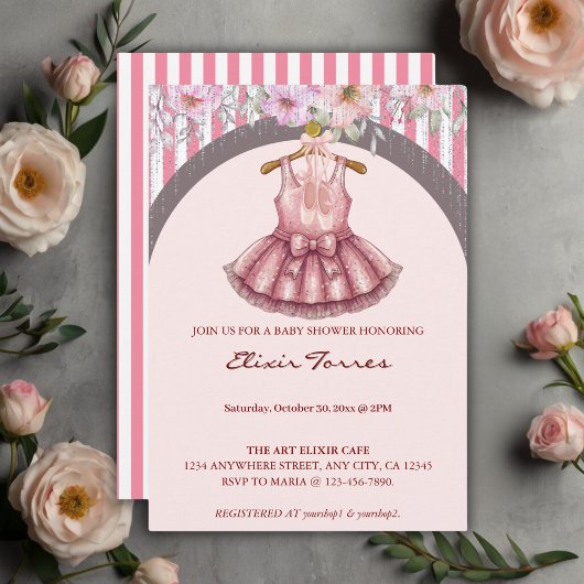 Invitation Baby shower Fille de Ballet Rose Tutu Ballerina mo