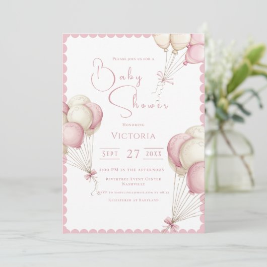 Invitation Baby shower fille de ballons roses (Debout devant)