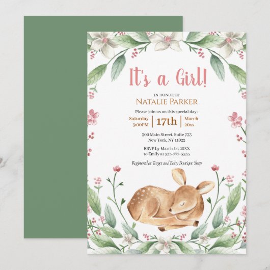 Invitation Baby shower Fille de cerf de bois (Devant / Derrière)