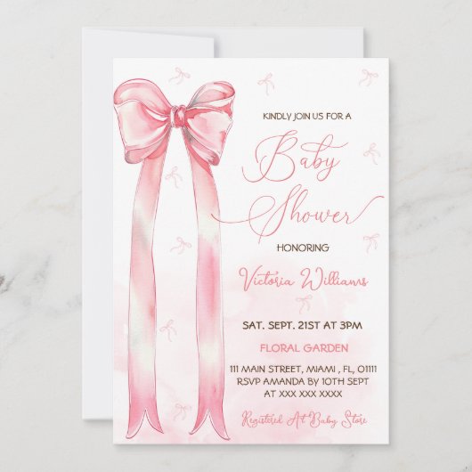 Invitation Baby shower fille de couleur rose Bow (Devant)