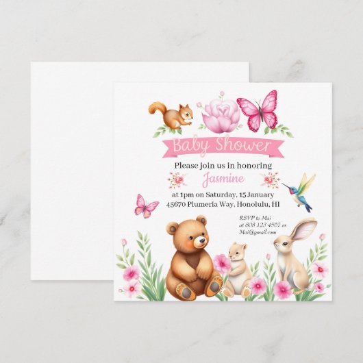 Invitation Baby shower fille de créatures forestières (Devant / Derrière)