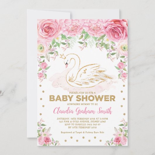 Invitation Baby shower fille de cygne rose or princesse (Devant)