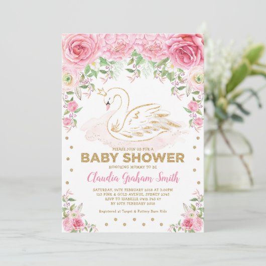 Invitation Baby shower fille de cygne rose or princesse (Debout devant)