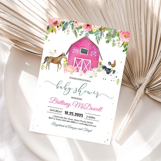 Invitation Baby shower fille de ferme rose
