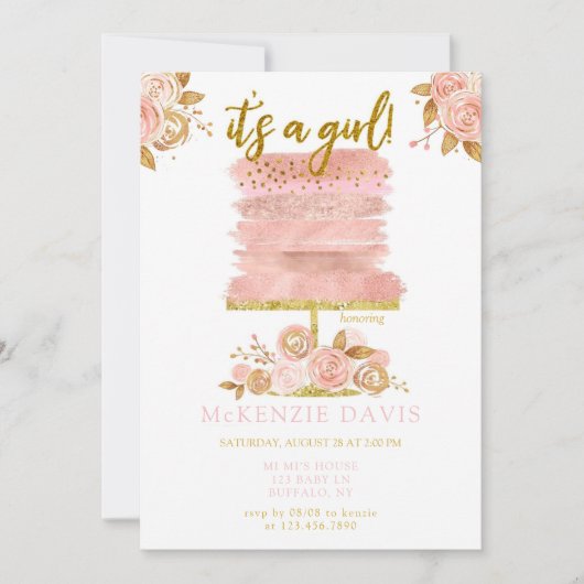 Invitation Baby shower Fille de gâteau de pivoine rose (Devant)