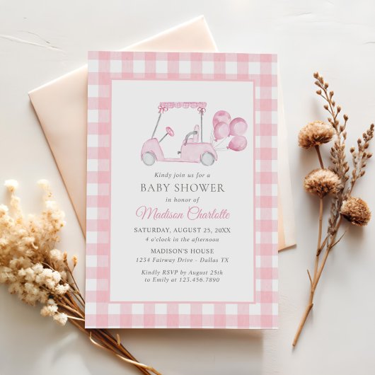 Invitation Baby shower fille de golf rose En vichy