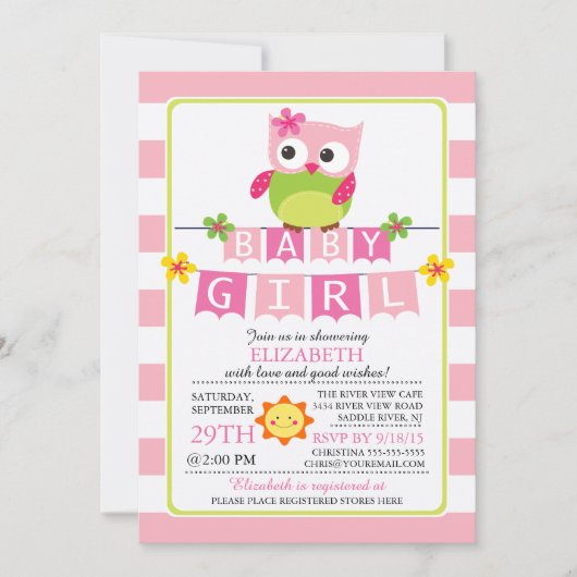 Invitation Baby shower fille de la chouette (Devant)