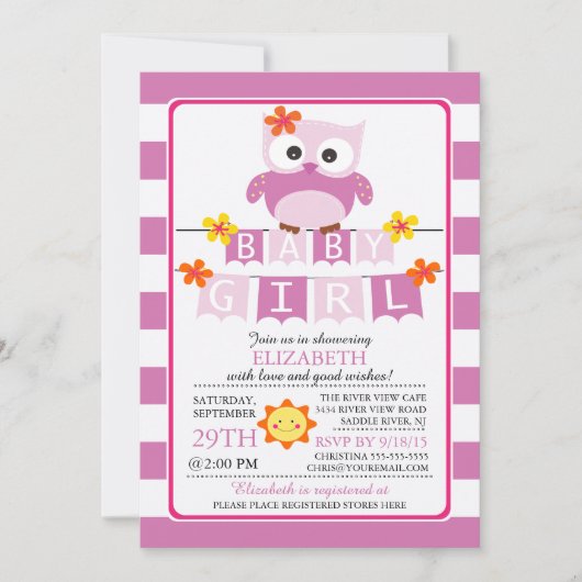 Invitation Baby shower fille de la chouette (Devant)