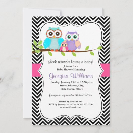 Invitation Baby shower fille de la chouette mûre (Devant)