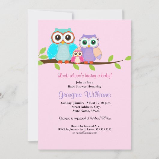 Invitation Baby shower fille de la chouette rose (Devant)