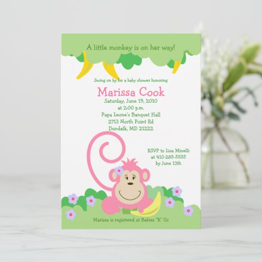 Invitation Baby shower fille de la Jungle de singe rose Silly (Debout devant)