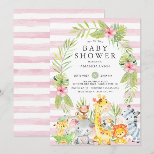 Invitation Baby shower fille de la Jungle mignonne (Devant / Derrière)