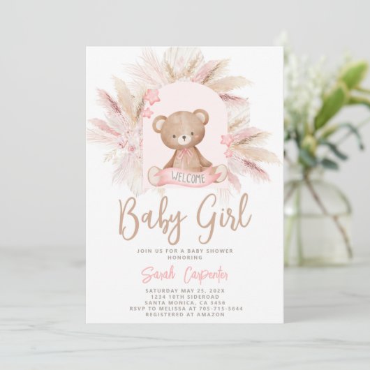 Invitation Baby shower fille de l'ours de Boho (Debout devant)