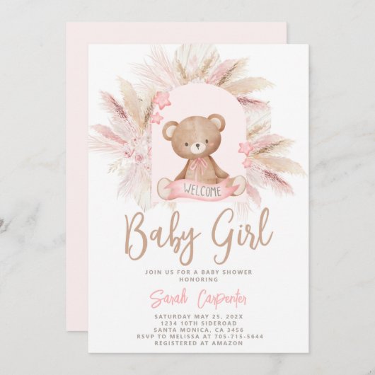Invitation Baby shower fille de l'ours de Boho (Devant / Derrière)