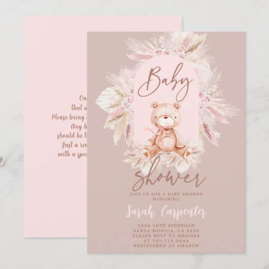 Invitation Baby shower fille de l'ours de Boho (Devant / Derrière)