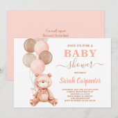 Invitation Baby shower fille de l'ours en peluche (Devant / Derrière)