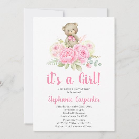 Invitation Baby shower fille de l'ours en peluche (Devant)