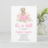 Invitation Baby shower fille de l'ours en peluche (Debout devant)