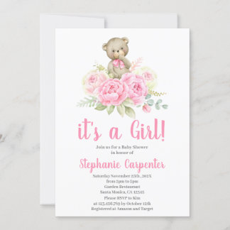 Invitation Baby shower fille de l'ours en peluche
