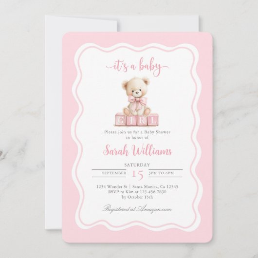 Invitation Baby shower fille de l'ours rose Teddy (Devant)