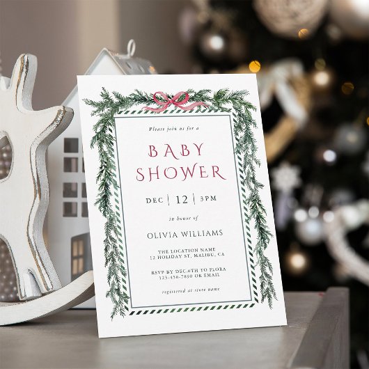 Invitation Baby shower fille de Noël Pine Garland