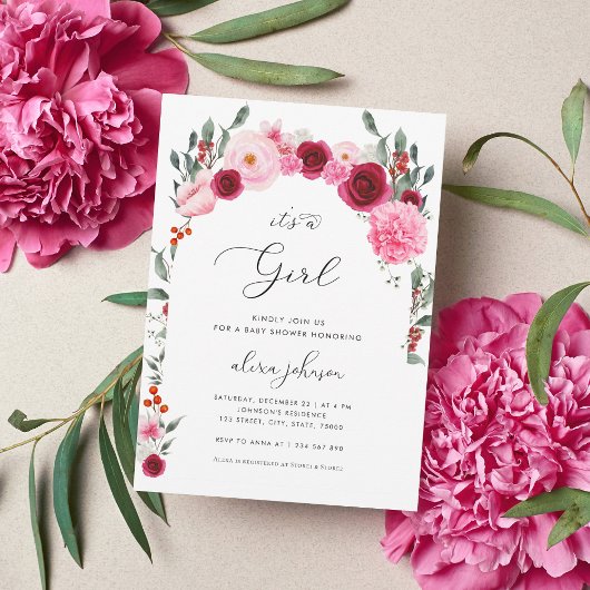 Invitation Baby shower Fille de Noël Rose Floral d'hiver