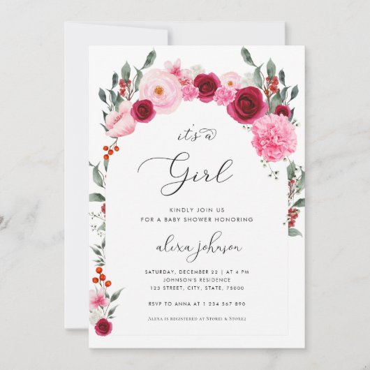 Invitation Baby shower Fille de Noël Rose Floral d'hiver (Devant)