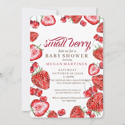 Invitation Baby shower fille de script d'aquarelle fraise (Devant)