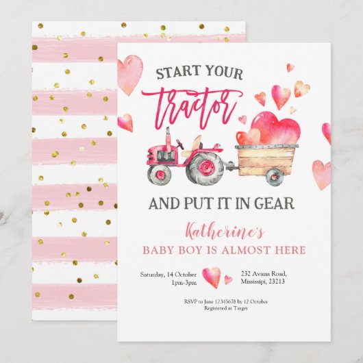 Invitation Baby shower fille de tracteur rose (Devant / Derrière)