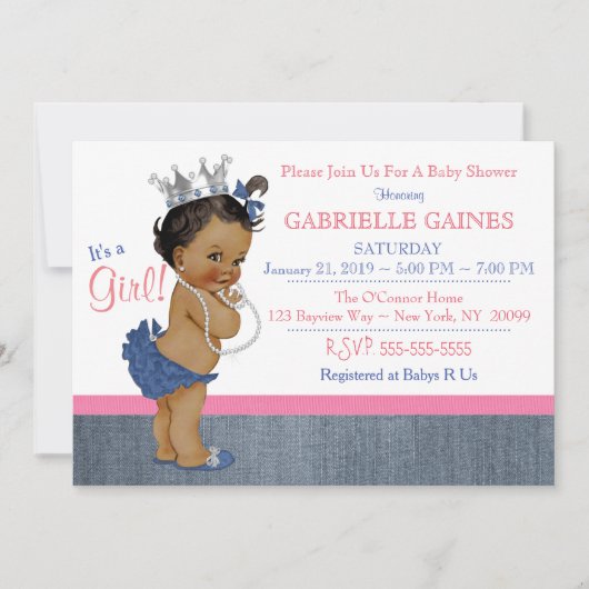 Invitation Baby shower fille Denim personnalisée (Devant)